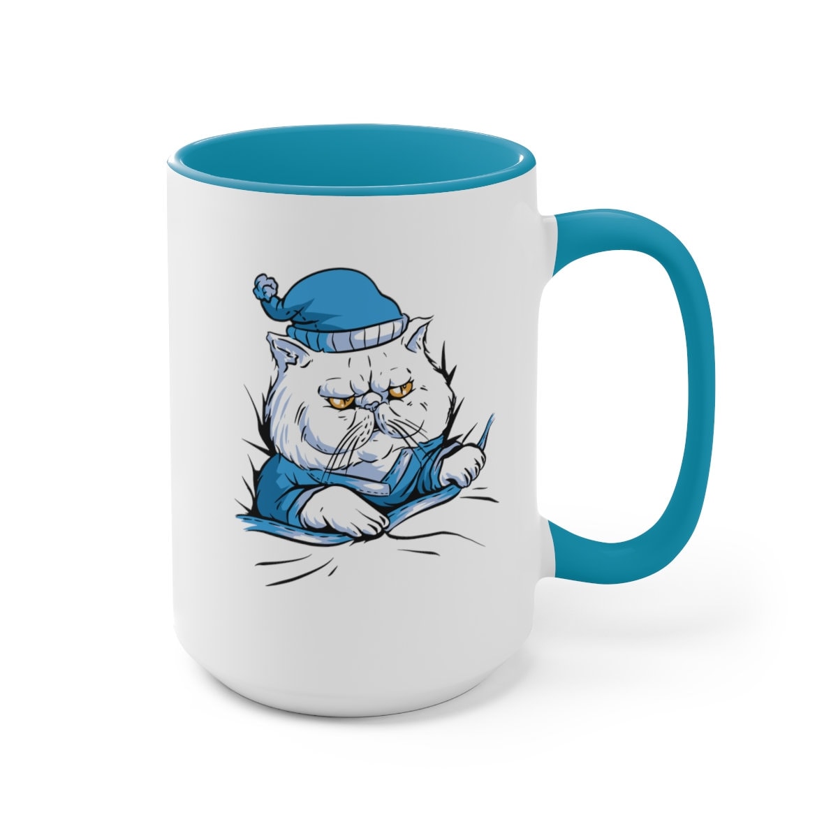 Grumpy Cat in Blue Pajamas, Cat in PJs, Cute Grumpy Cat Mug, Cat Dad Gift, Cat Mom Gift, Two-Tone Coffee Mugs, 15oz