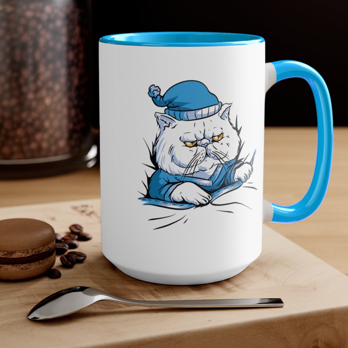Grumpy Cat in Blue Pajamas, Cat in PJs, Cute Grumpy Cat Mug, Cat Dad Gift, Cat Mom Gift, Two-Tone Coffee Mugs, 15oz