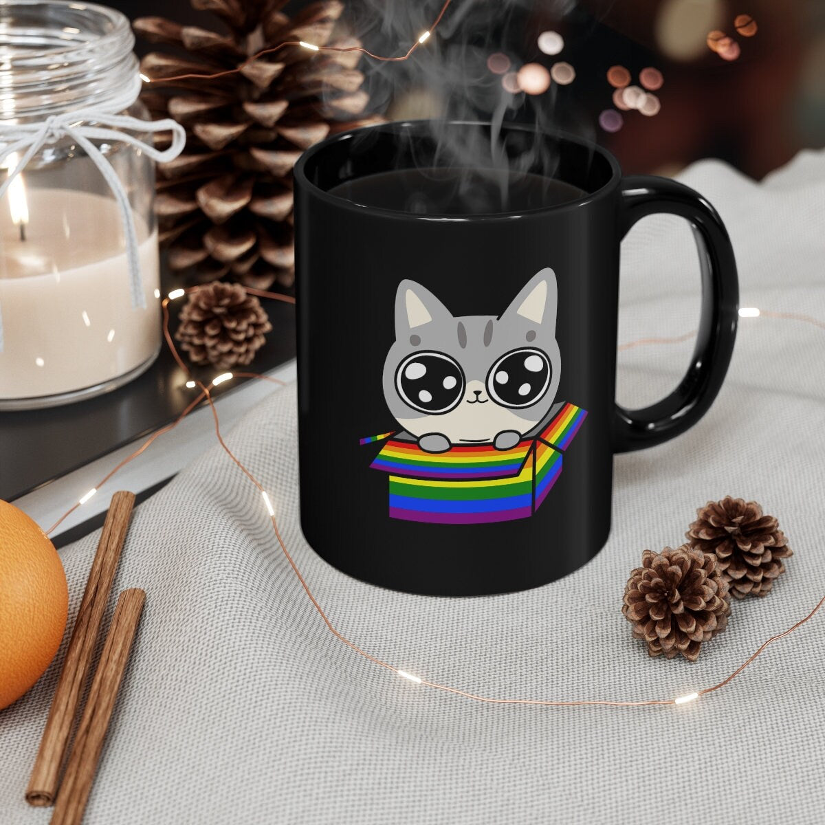 Cute Gray Kitty Popping Out of a Rainbow Box, LGBTQ Cat Mug, Gay Pride, Cat Dad Mug, Cat Mom Mug, Rainbow Mug