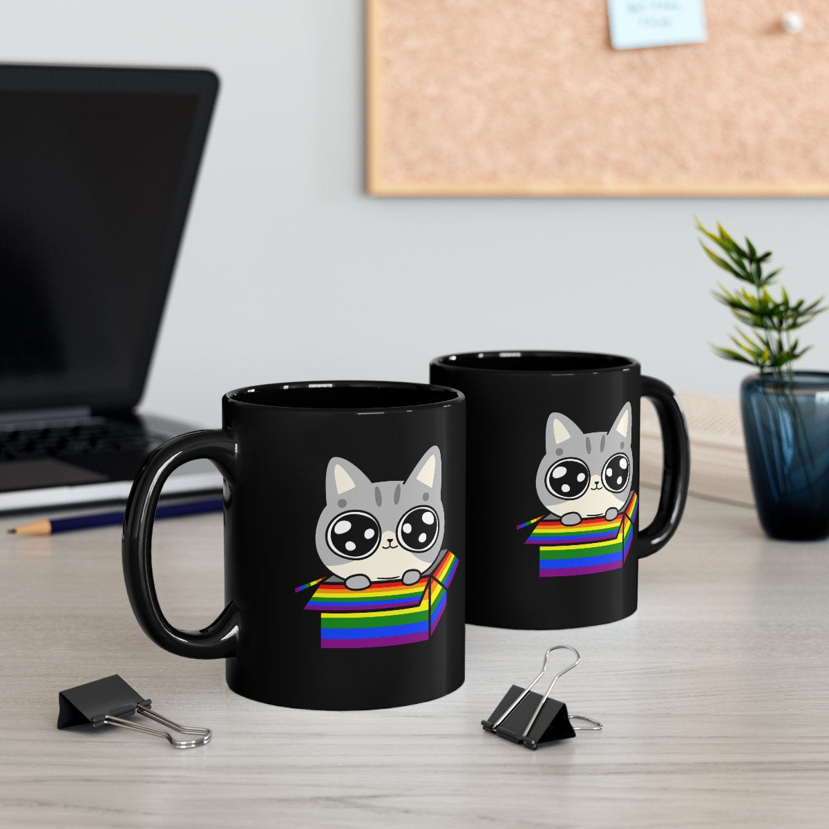 Cute Gray Kitty Popping Out of a Rainbow Box, LGBTQ Cat Mug, Gay Pride, Cat Dad Mug, Cat Mom Mug, Rainbow Mug