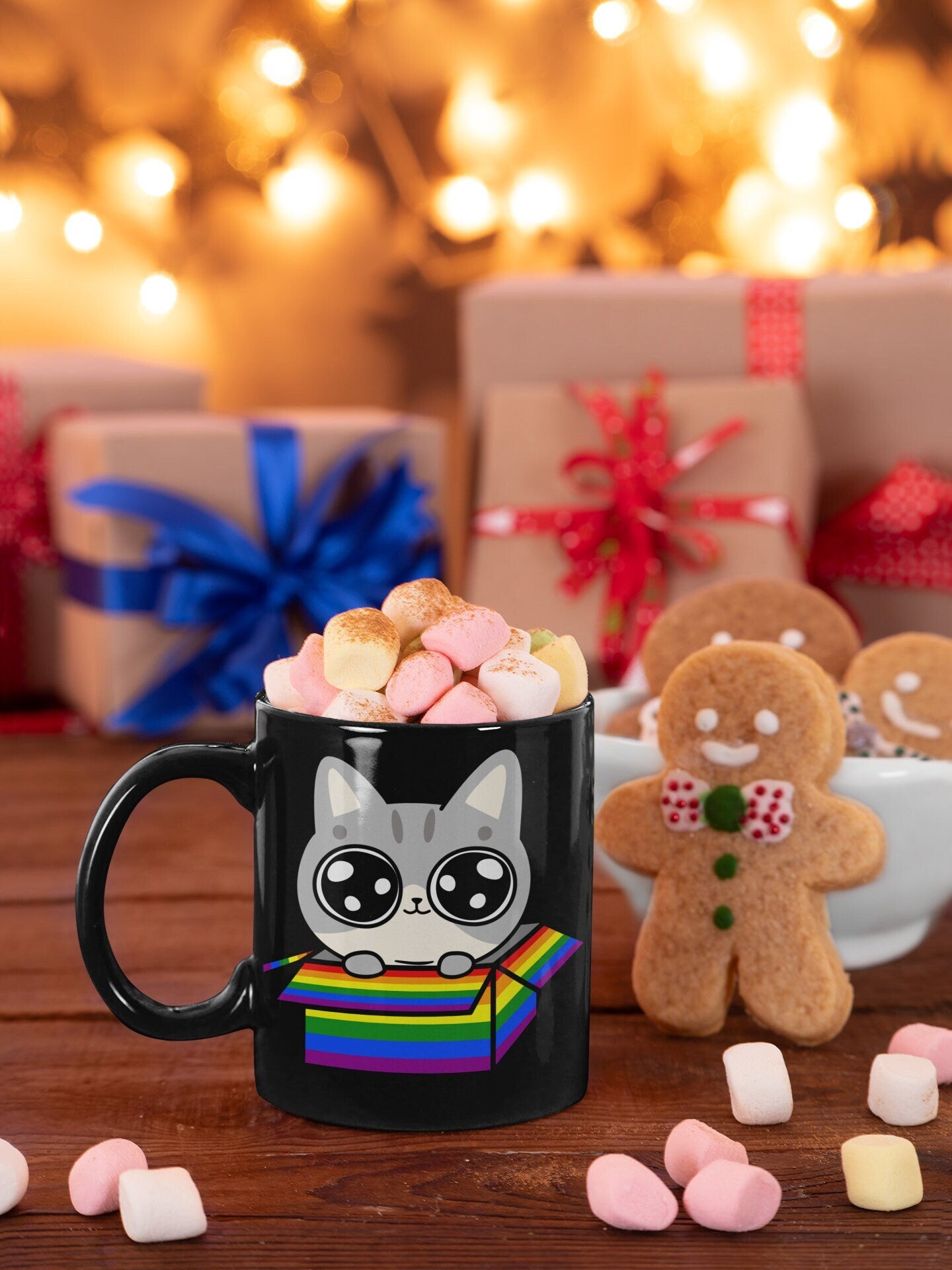 Cute Gray Kitty Popping Out of a Rainbow Box, LGBTQ Cat Mug, Gay Pride, Cat Dad Mug, Cat Mom Mug, Rainbow Mug