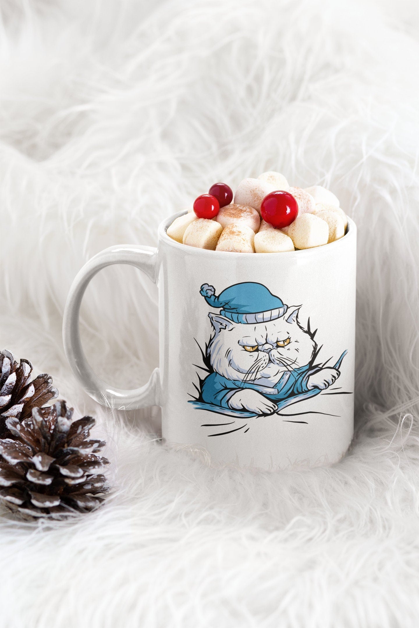 Grumpy Cat in Blue Pajamas, Cat in PJs, Cute Grumpy Cat Mug, Cat Dad Gift, Cat Mom Gift, Two-Tone Coffee Mugs, 15oz