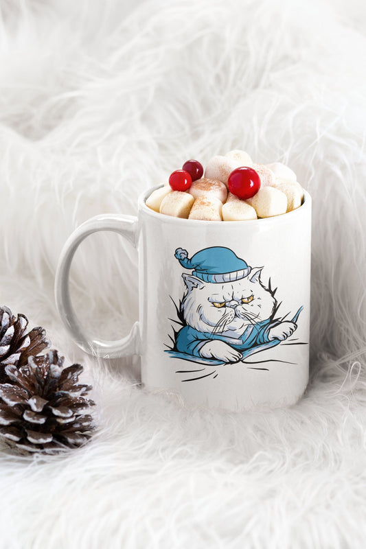 Grumpy Cat in Blue Pajamas, Cat in PJs, Cute Grumpy Cat Mug, Cat Dad Gift, Cat Mom Gift, Two-Tone Coffee Mugs, 15oz