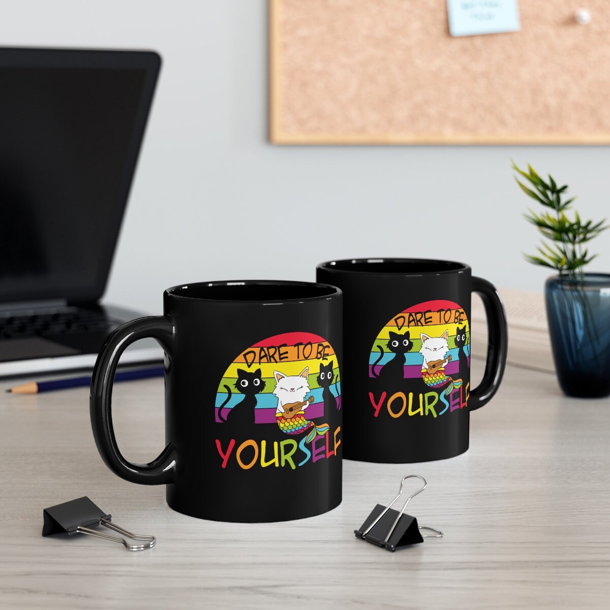 LGBT Mug, Dare to Be Yourself Pride Gay Pride Cat Rainbow, Rainbow Cat LGBT Pride Support 11oz Black Mug