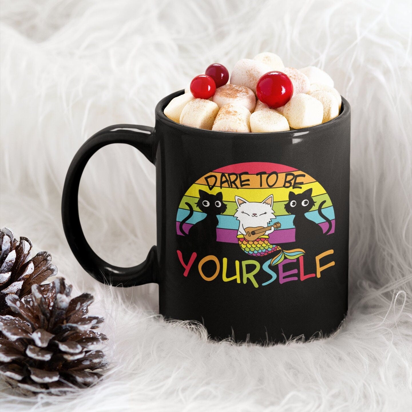 LGBT Mug, Dare to Be Yourself Pride Gay Pride Cat Rainbow, Rainbow Cat LGBT Pride Support 11oz Black Mug
