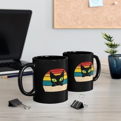 Green Cat Eyes Vintage Black Cat Mug, Cat Dad Mug, Cat Mom Mug, Cat Present, Cat Themed Gift, 11oz Black Mug