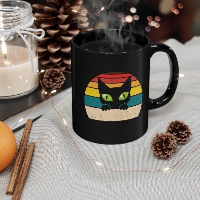 Green Cat Eyes Vintage Black Cat Mug, Cat Dad Mug, Cat Mom Mug, Cat Present, Cat Themed Gift, 11oz Black Mug