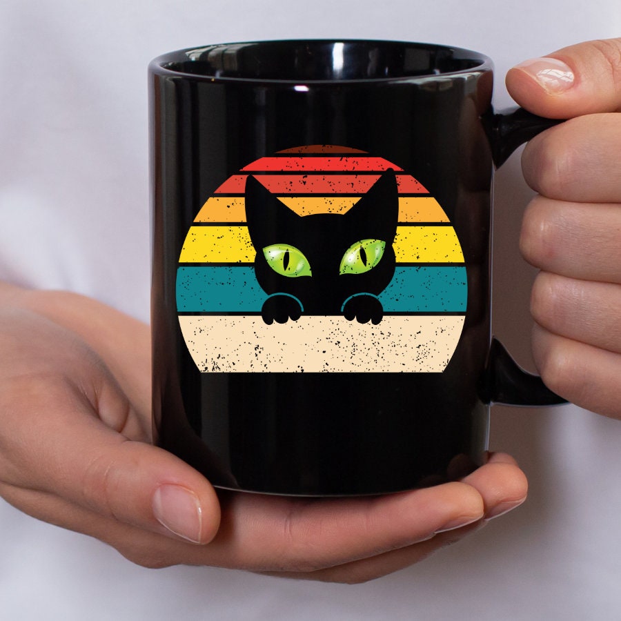 Green Cat Eyes Vintage Black Cat Mug, Cat Dad Mug, Cat Mom Mug, Cat Present, Cat Themed Gift, 11oz Black Mug