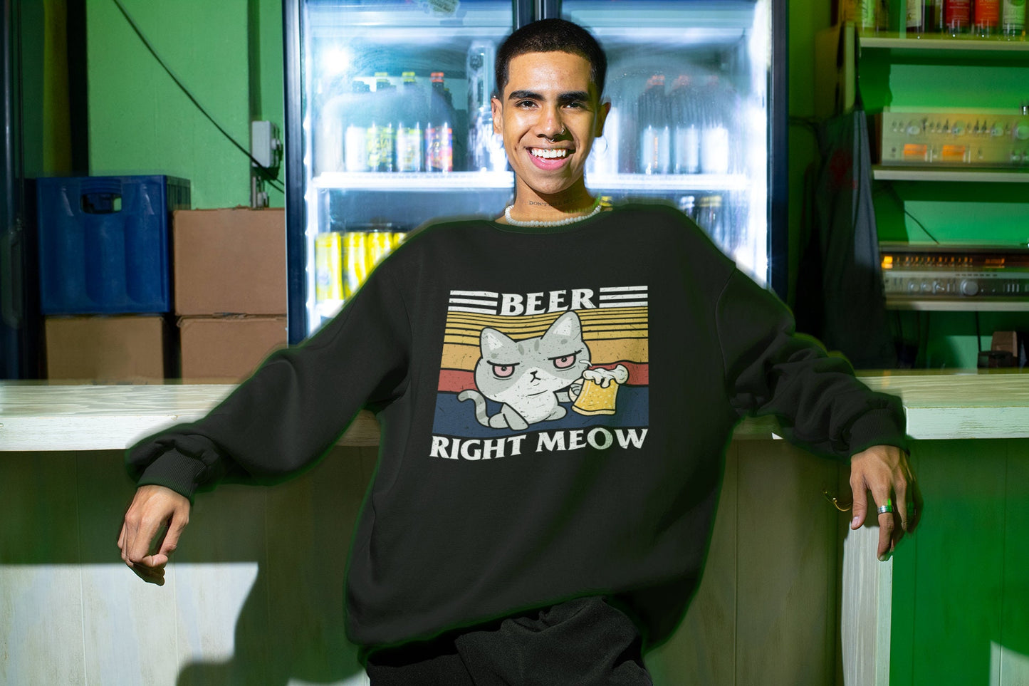 Beer Right Meow, Funny Cat Drinking Beer Sweatshirt, Cat Dad Gift, Cat Gift, Beer Lover, Cat Present, Unisex Heavy Blend Crewneck Sweatshirt