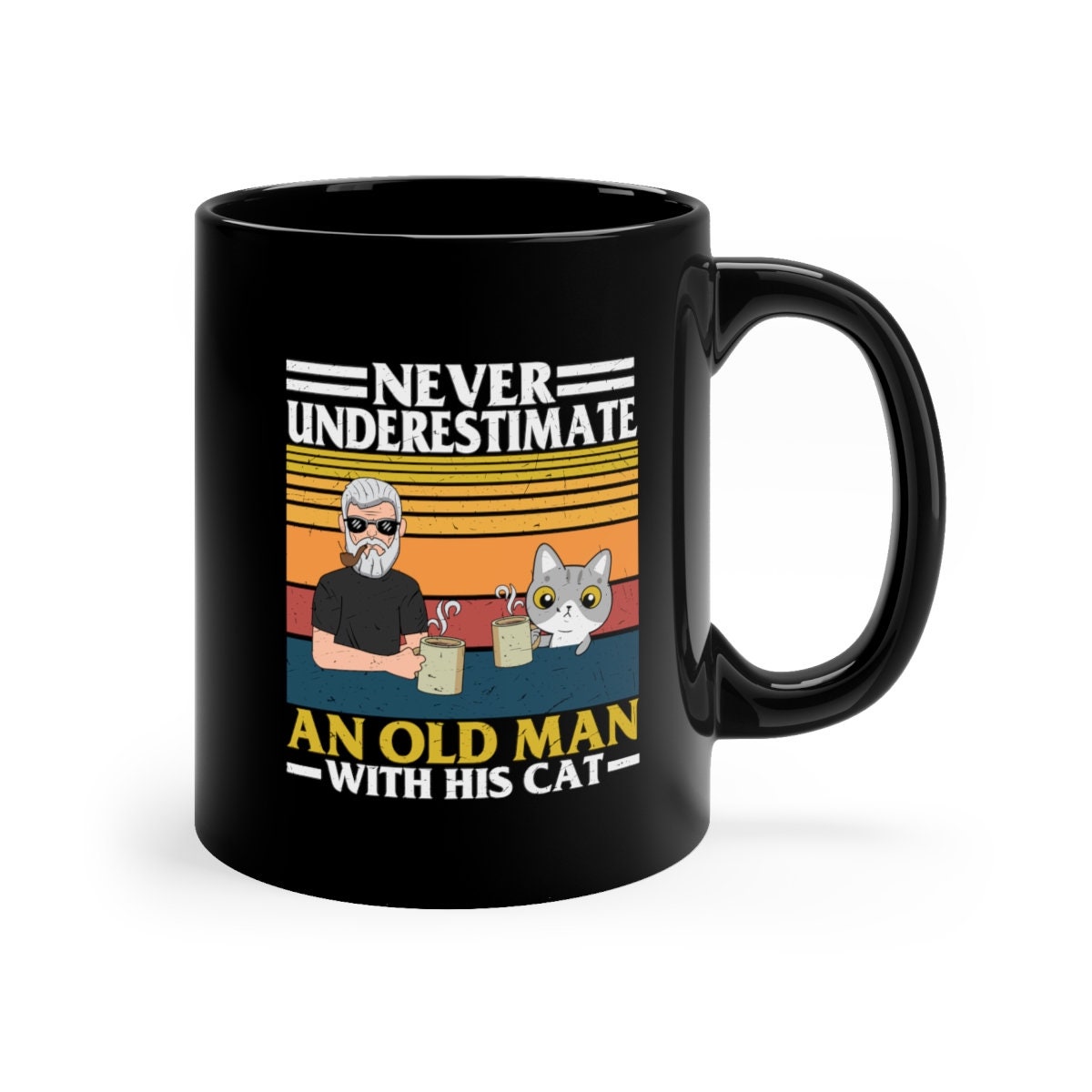 Never underestimate an old man and his cat! Funny Cat Dad Mug, Fur Dad Gift, Cat Present, Cat Dad Gift, Cat-Themed Gift, 11oz Black Mug
