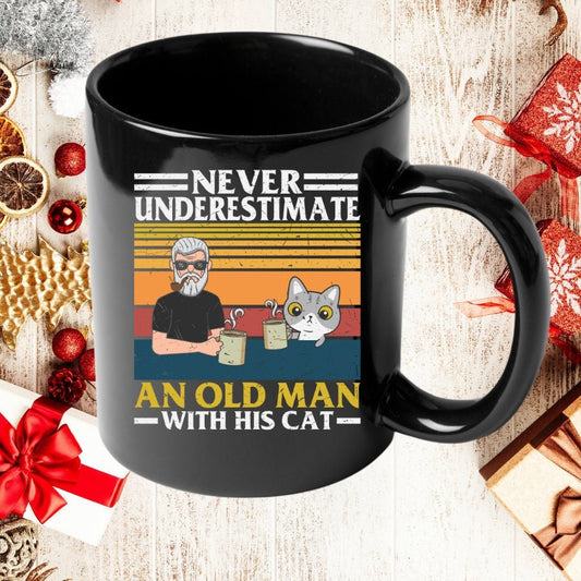 Never underestimate an old man and his cat! Funny Cat Dad Mug, Fur Dad Gift, Cat Present, Cat Dad Gift, Cat-Themed Gift, 11oz Black Mug