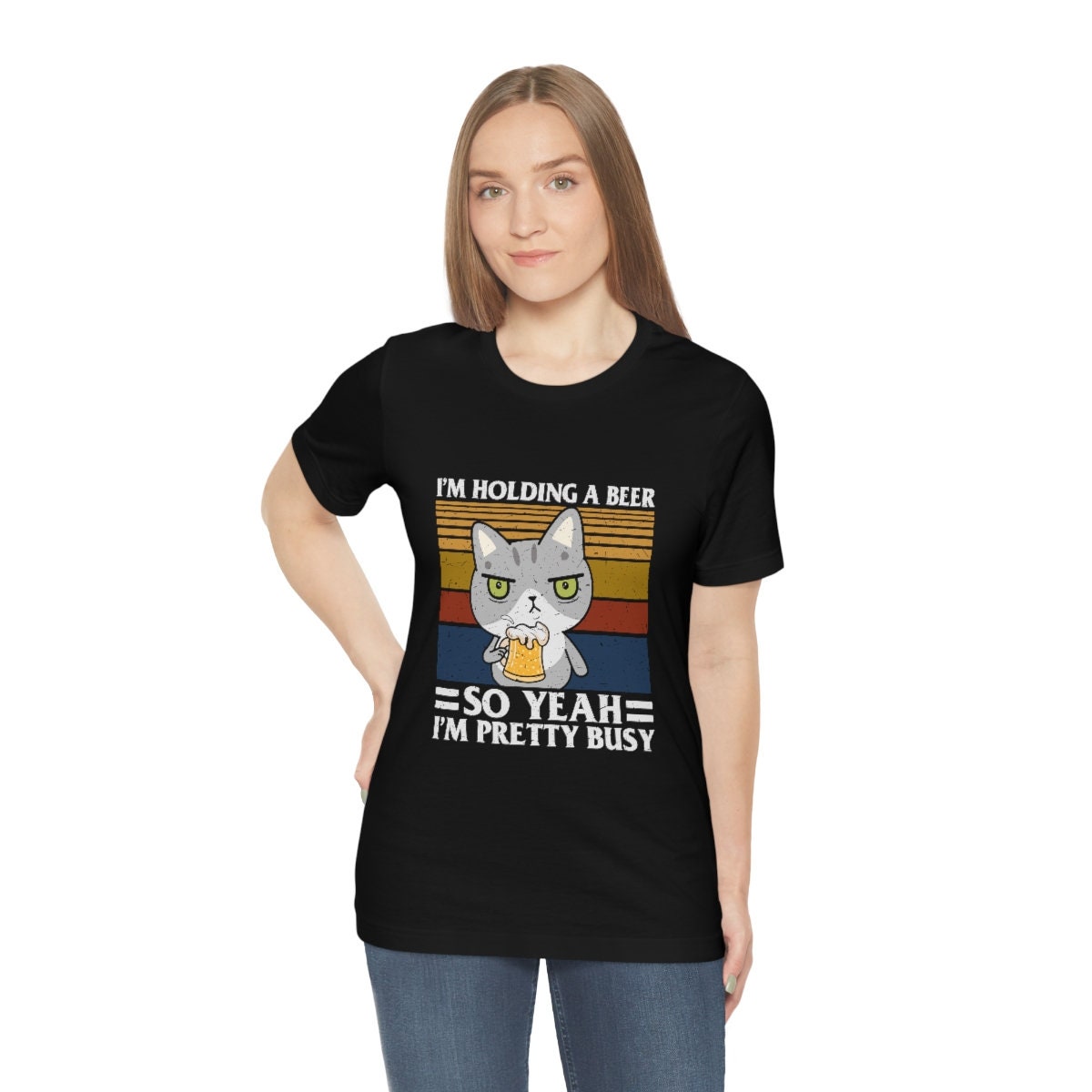 I'm Holding a Beer, Funny Cat Dad Mom Shirt, Cat Present, Cat Gift, Beer Lover Shirt, funny beer shirt, Unisex Jersey Short Sleeve Tee