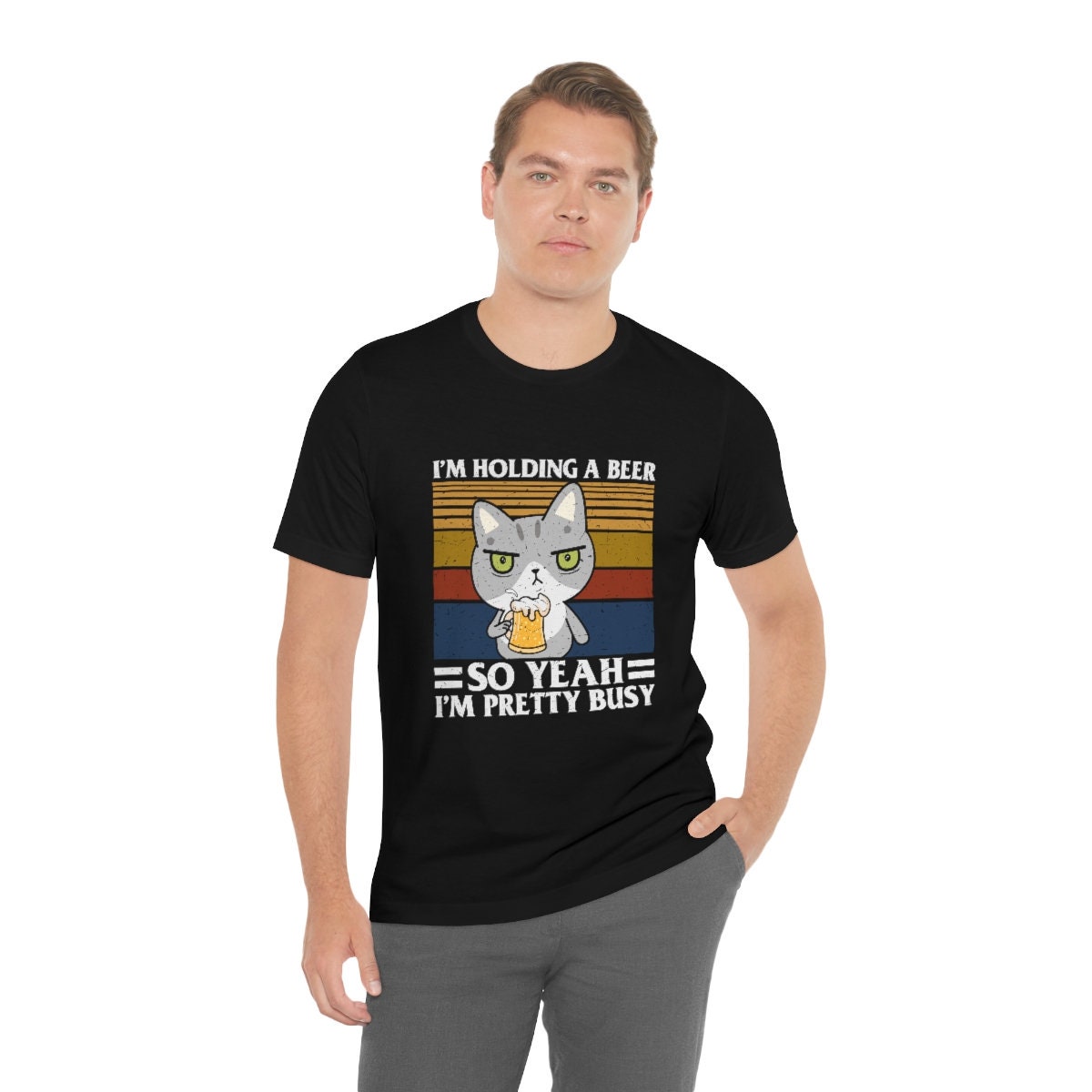 I'm Holding a Beer, Funny Cat Dad Mom Shirt, Cat Present, Cat Gift, Beer Lover Shirt, funny beer shirt, Unisex Jersey Short Sleeve Tee
