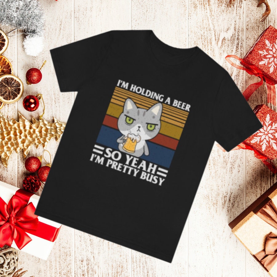 I'm Holding a Beer, Funny Cat Dad Mom Shirt, Cat Present, Cat Gift, Beer Lover Shirt, funny beer shirt, Unisex Jersey Short Sleeve Tee