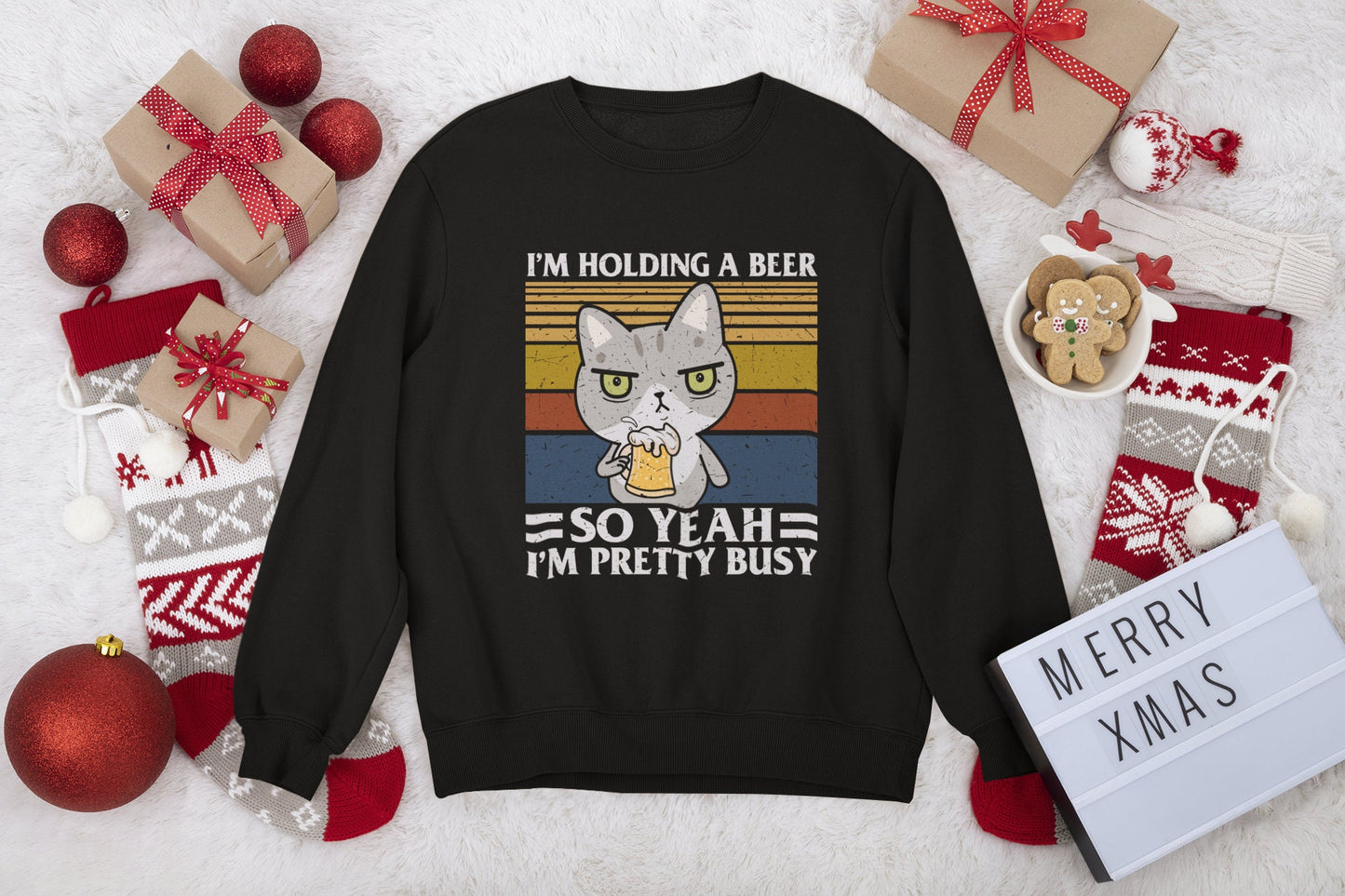 I'm Holding a Beer, Funny Cat Dad Mom Shirt, Cat Present, Cat Gift, Beer Lover, Funny Beer shirt, Unisex Heavy Blend Crewneck Sweatshirt
