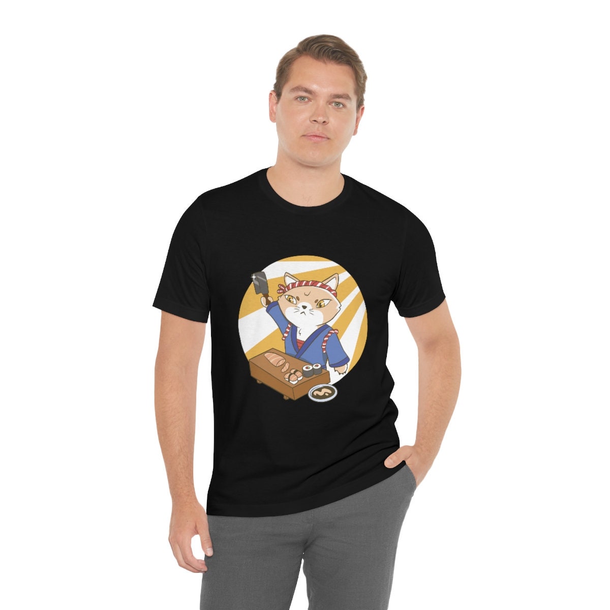Sushi Master Cat, Sushi Cat, Kawaii Sushi Cat, Cat Dad Hoodie, Cat Mom Hoodie, Cat Present, Cat Gift, Unisex Jersey Short Sleeve Tee