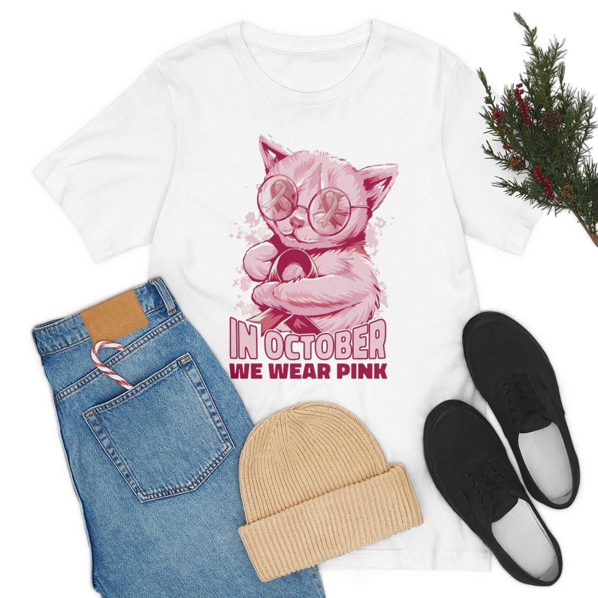 In October We Wear Pink, Breast Cancer Awareness Cat Shirt, Pink Cat October Tee, Cancer Awareness, Unisex Jersey Short Sleeve Tee