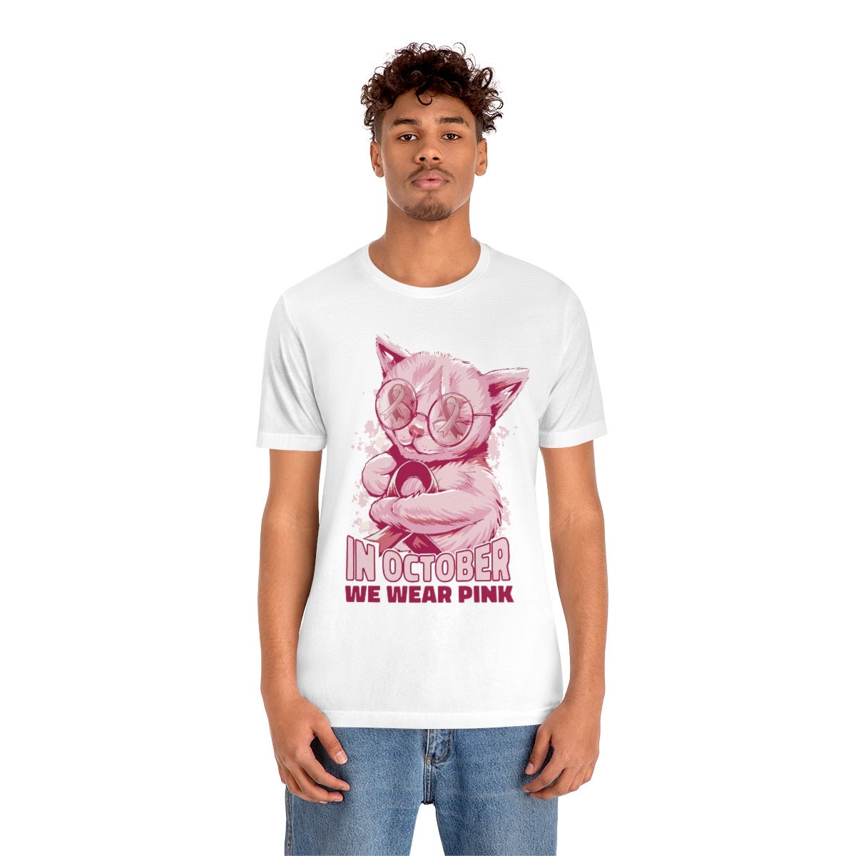 In October We Wear Pink, Breast Cancer Awareness Cat Shirt, Pink Cat October Tee, Cancer Awareness, Unisex Jersey Short Sleeve Tee