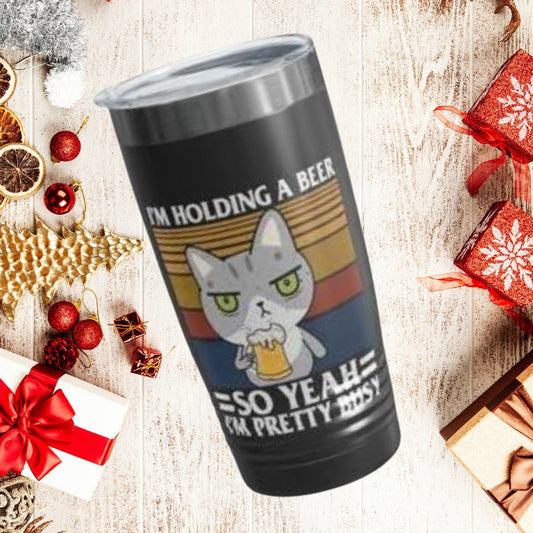 I'm Holding a Beer, Funny Cat Dad Mom Shirt, Cat Present, Cat Gift, Beer Lover, Funny Beer shirt, Ringneck Tumbler, 20oz