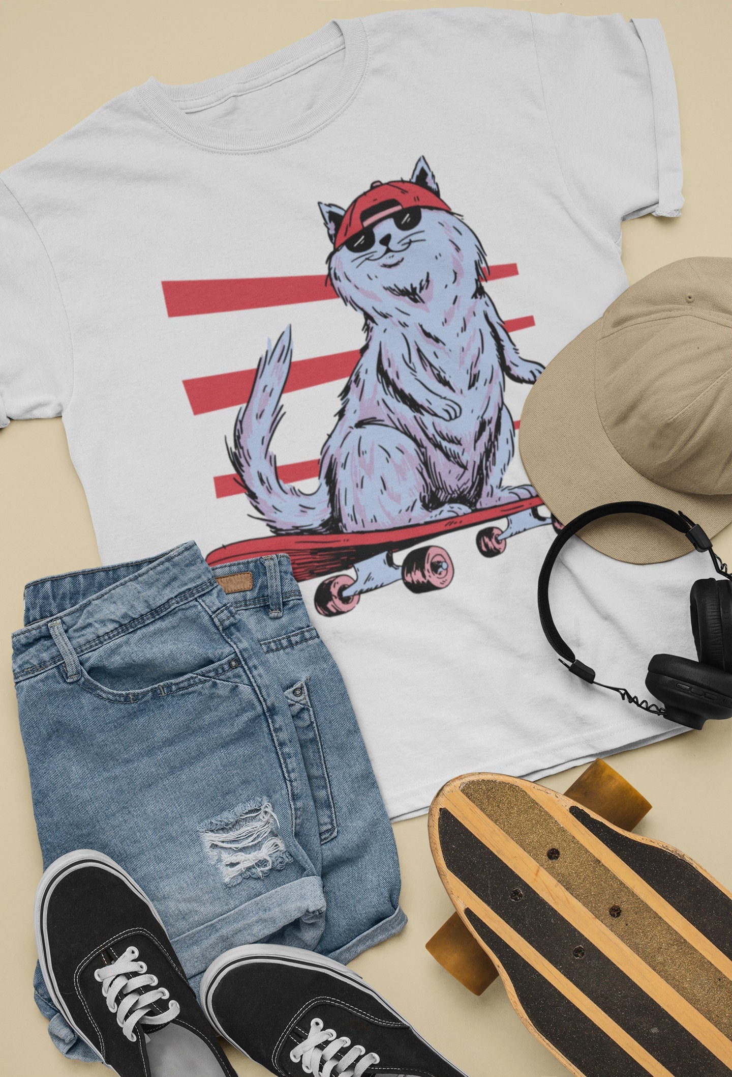 Cool Cat Wearing a Hat and Sunglasses Riding a Skateboard, Skateboarding Cat, Boarding Tee, Skater Shirt