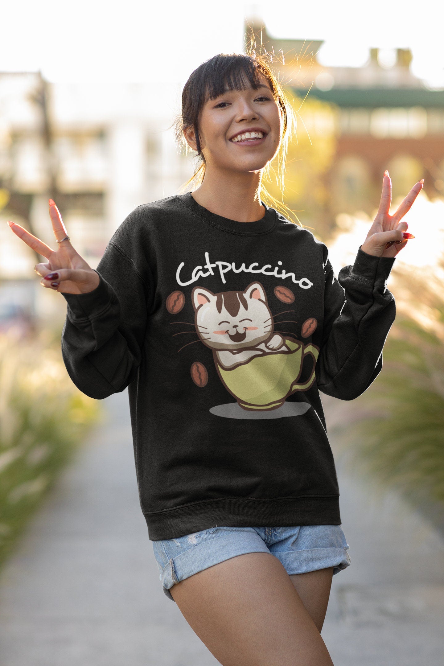 Catpuccino Cute Kitten in Coffee Cup, Sweatshirt for Cat Coffee Lover, Cute Kawaii Cat, Cat Dad Mom Gift, Cat Present