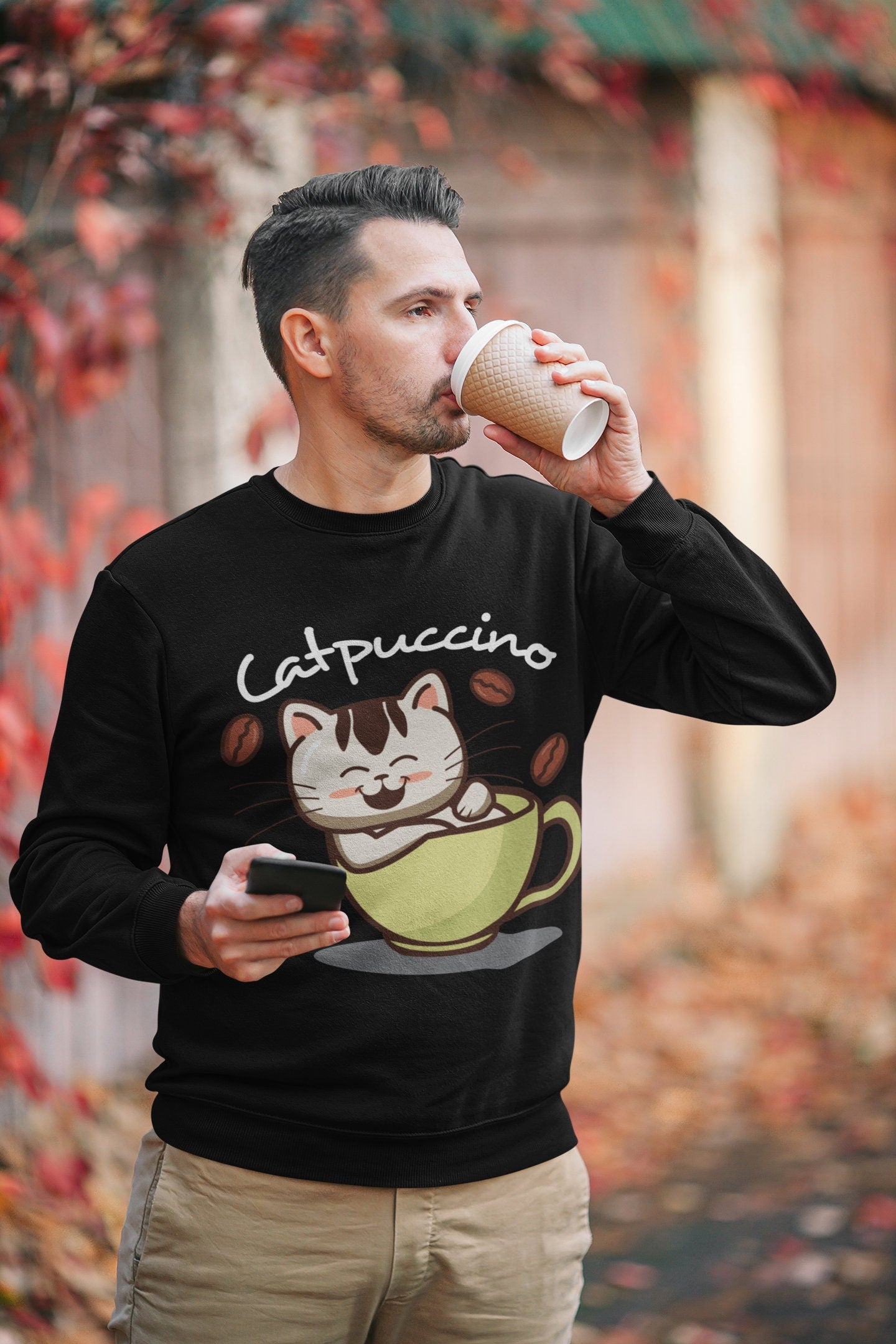 Catpuccino Cute Kitten in Coffee Cup, Sweatshirt for Cat Coffee Lover, Cute Kawaii Cat, Cat Dad Mom Gift, Cat Present