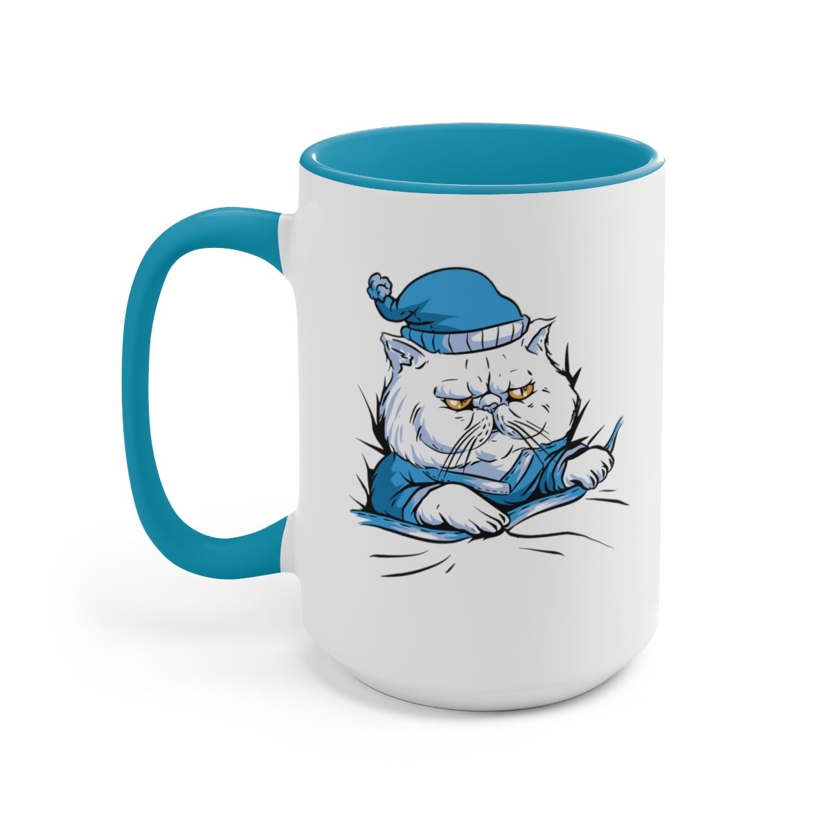 Grumpy Cat in Blue Pajamas, Cat in PJs, Cute Grumpy Cat Mug, Cat Dad Gift, Cat Mom Gift, Two-Tone Coffee Mugs, 15oz