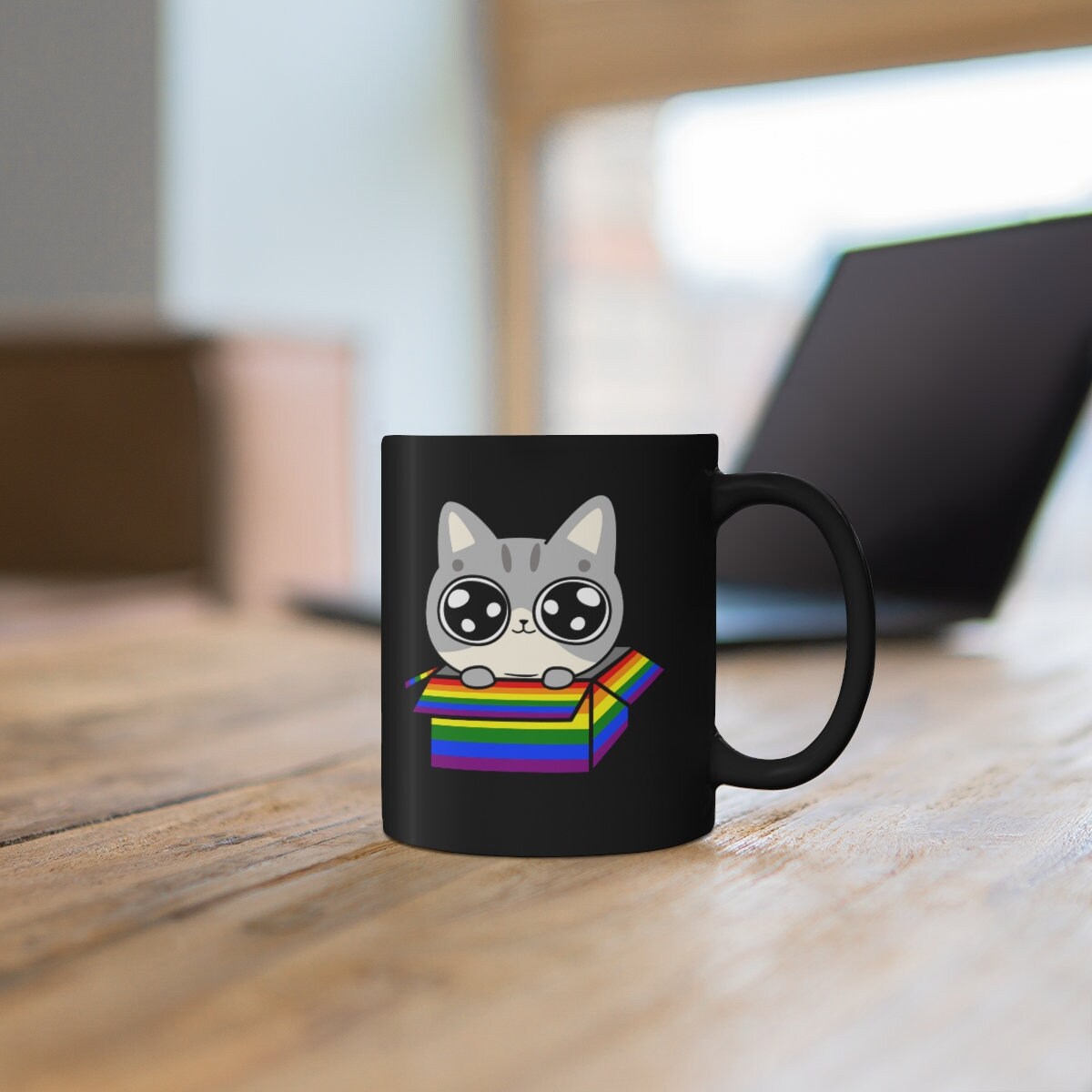 Cute Gray Kitty Popping Out of a Rainbow Box, LGBTQ Cat Mug, Gay Pride, Cat Dad Mug, Cat Mom Mug, Rainbow Mug