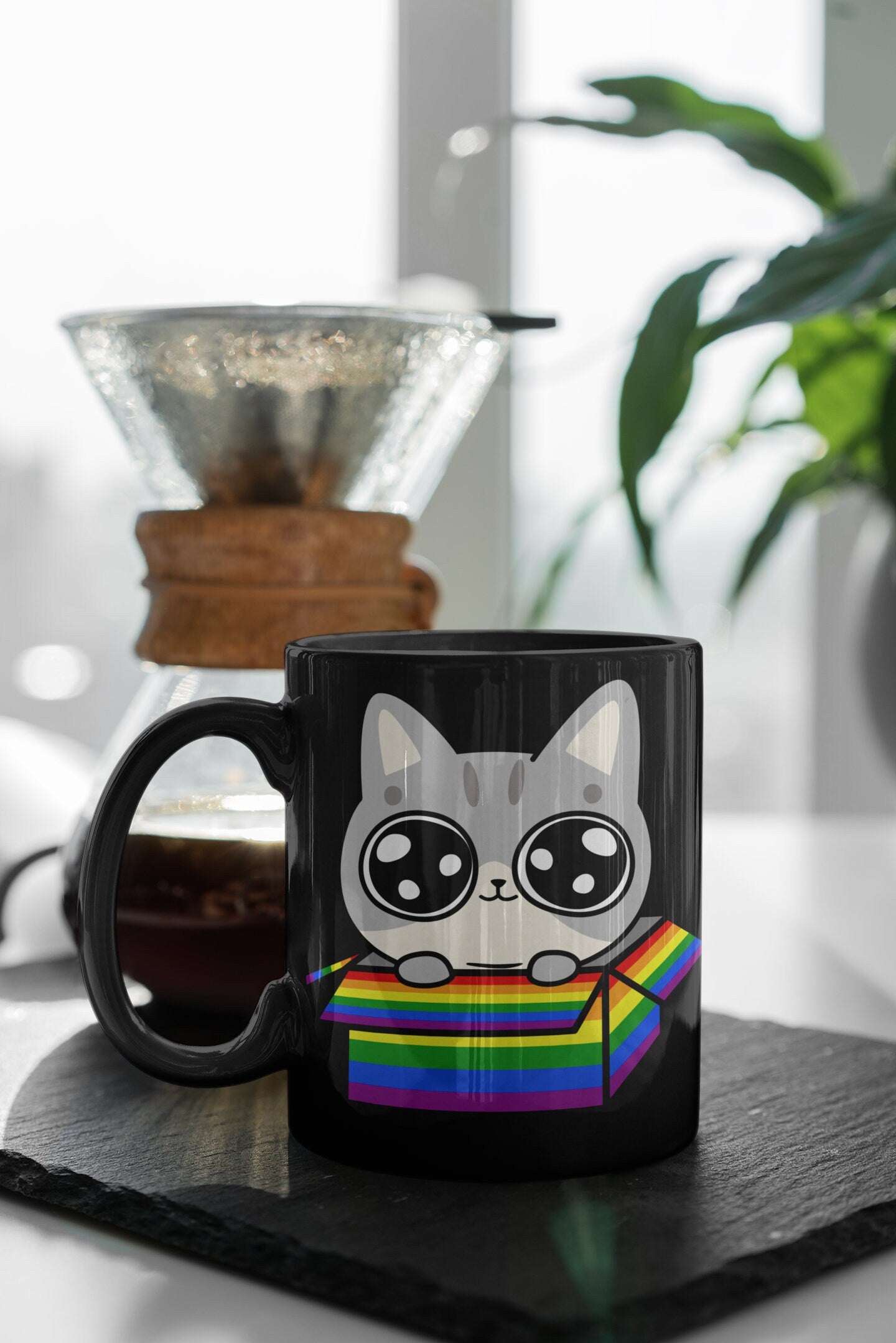 Cute Gray Kitty Popping Out of a Rainbow Box, LGBTQ Cat Mug, Gay Pride, Cat Dad Mug, Cat Mom Mug, Rainbow Mug