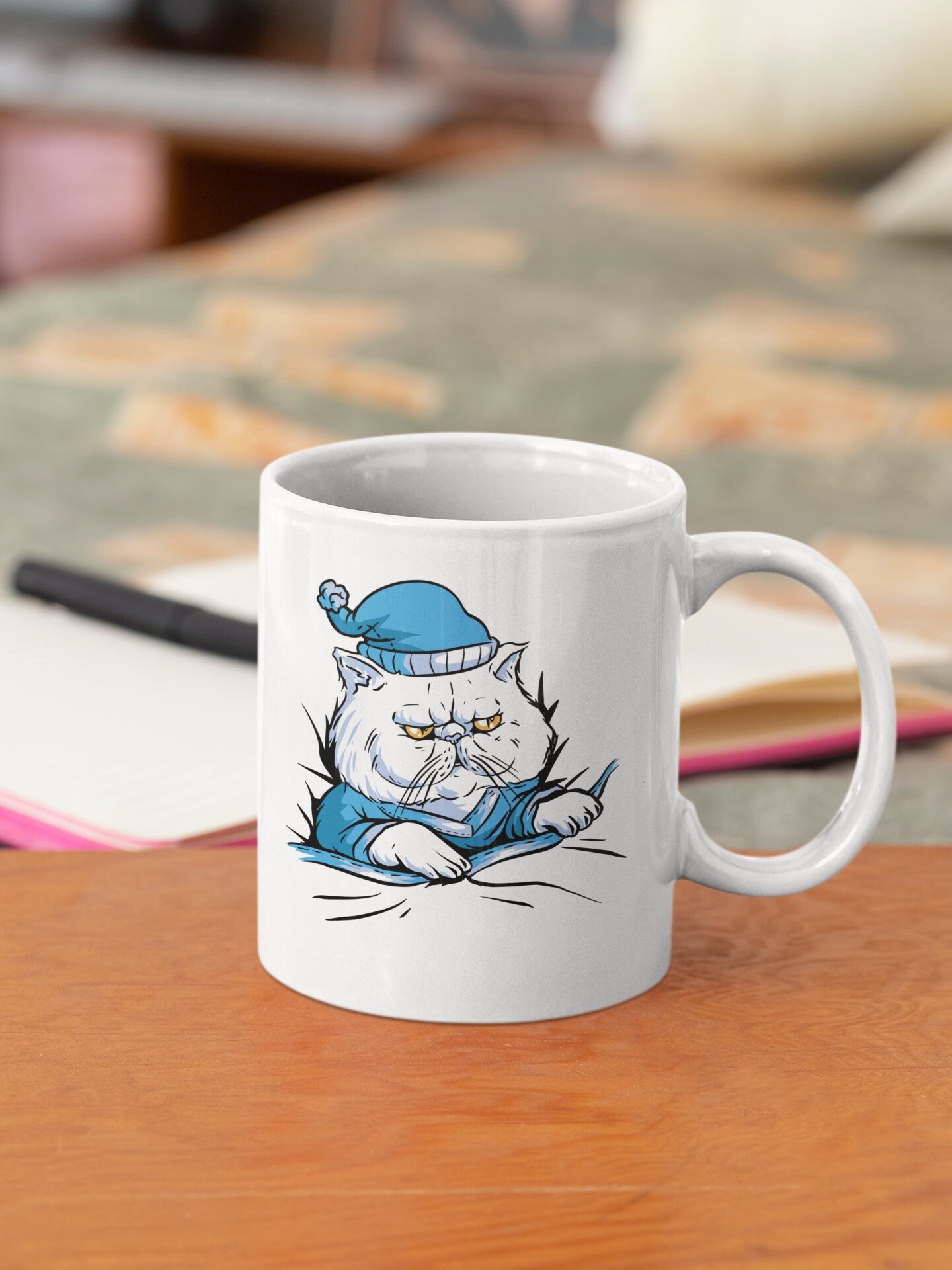 Grumpy Cat in Blue Pajamas, Cat in PJs, Cute Grumpy Cat Mug, Cat Dad Gift, Cat Mom Gift, Two-Tone Coffee Mugs, 15oz