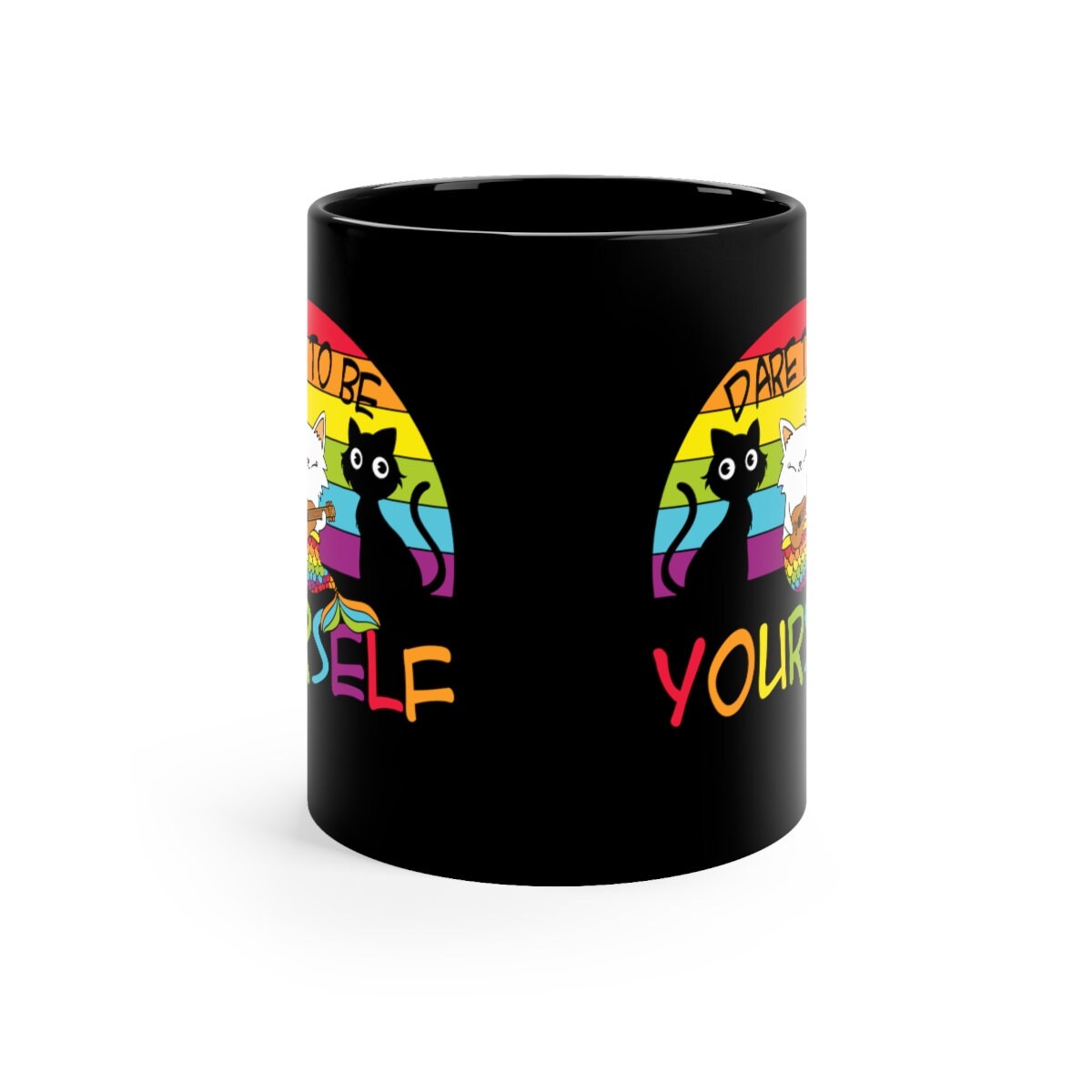 LGBT Mug, Dare to Be Yourself Pride Gay Pride Cat Rainbow, Rainbow Cat LGBT Pride Support 11oz Black Mug
