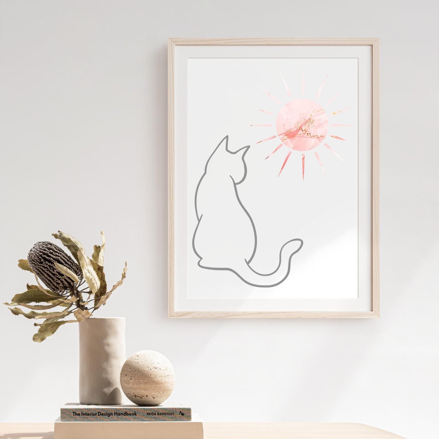 Grey Line Art Cat with Pink Bohemian Celestial Sun Wall Art Printable Canvas Poster Decor for Living Room Bedroom