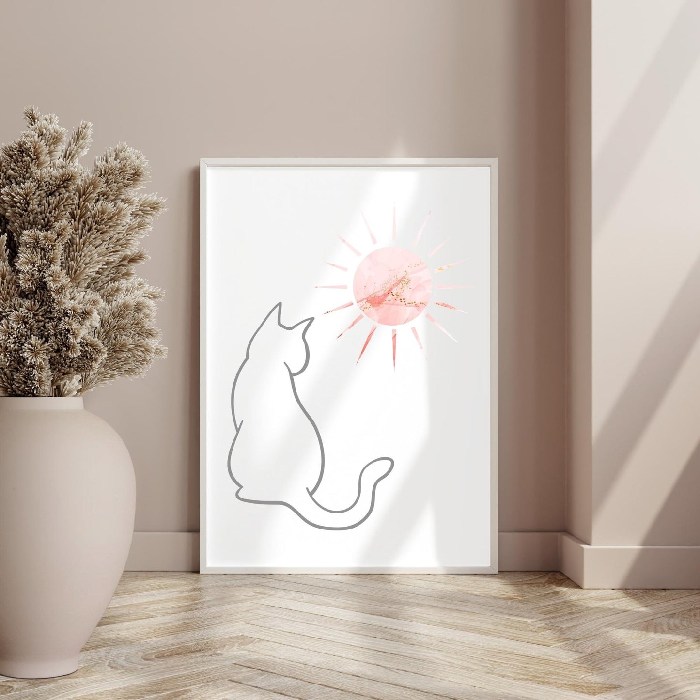 Grey Line Art Cat with Pink Bohemian Celestial Sun Wall Art Printable Canvas Poster Decor for Living Room Bedroom