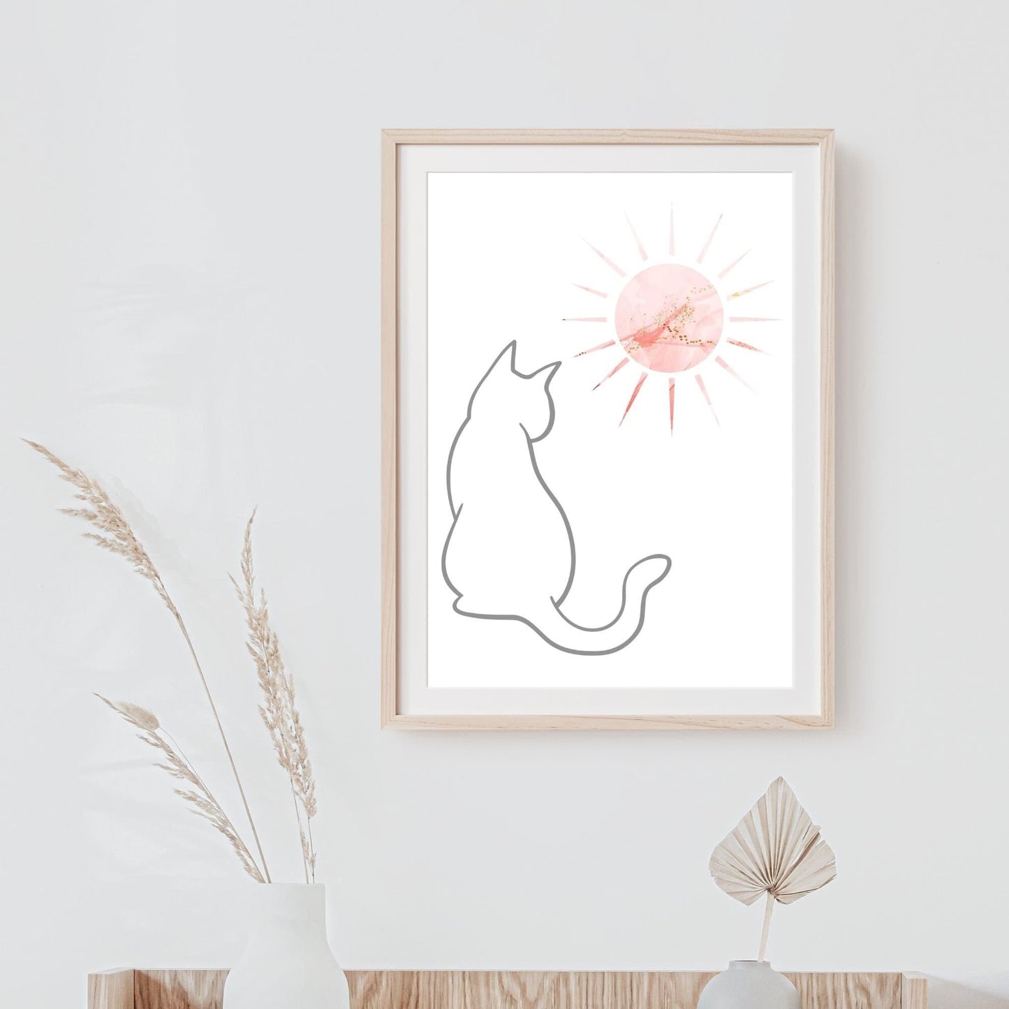 Grey Line Art Cat with Pink Bohemian Celestial Sun Wall Art Printable Canvas Poster Decor for Living Room Bedroom