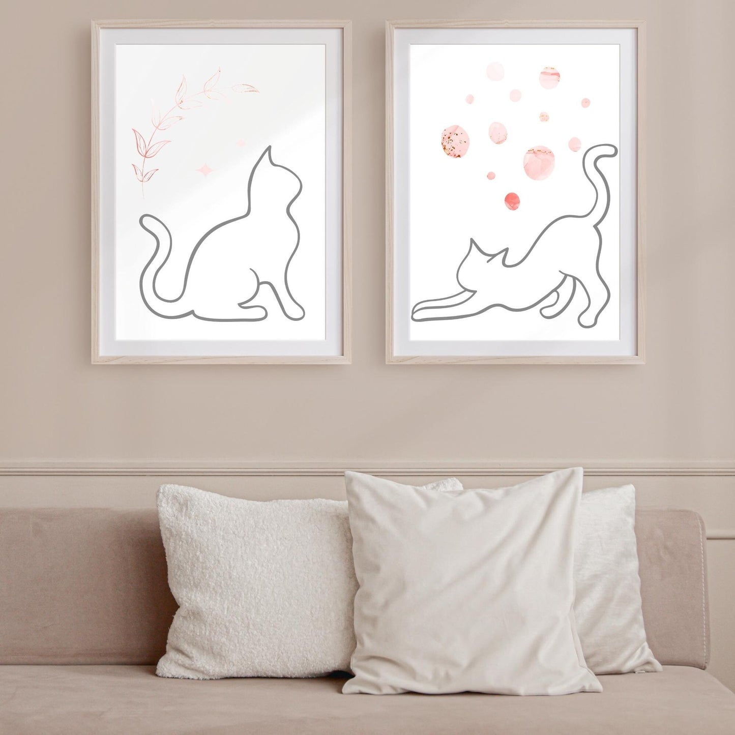 Grey Line Art Cat with Pink Bohemian Celestial Flower Design Wall Art Printable Canvas Poster Decor for Living Room Bedroom