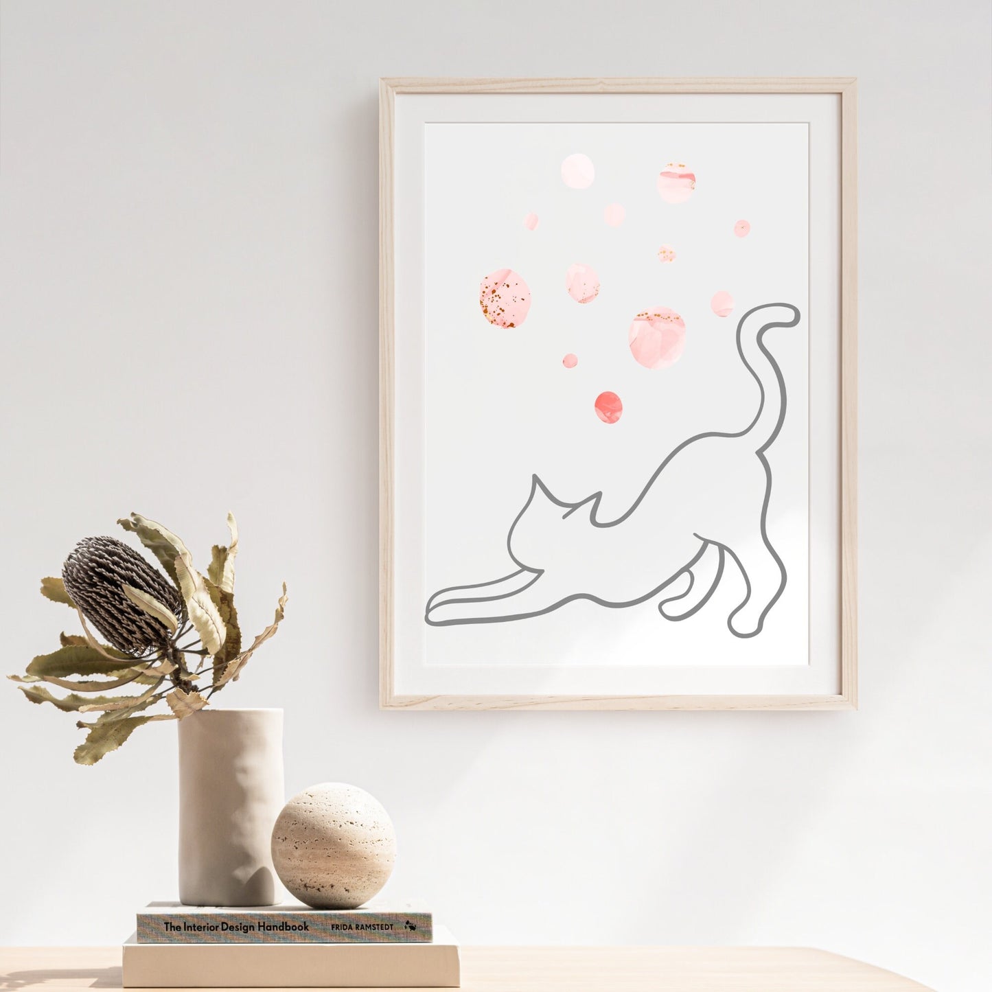 Grey Line Art Cat with Pink Bohemian Celestial Bubbles Wall Art Printable Canvas Poster Decor for Living Room Bedroom