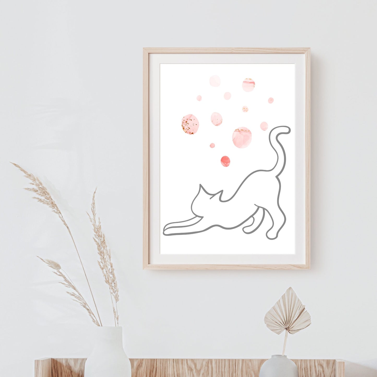 Grey Line Art Cat with Pink Bohemian Celestial Bubbles Wall Art Printable Canvas Poster Decor for Living Room Bedroom