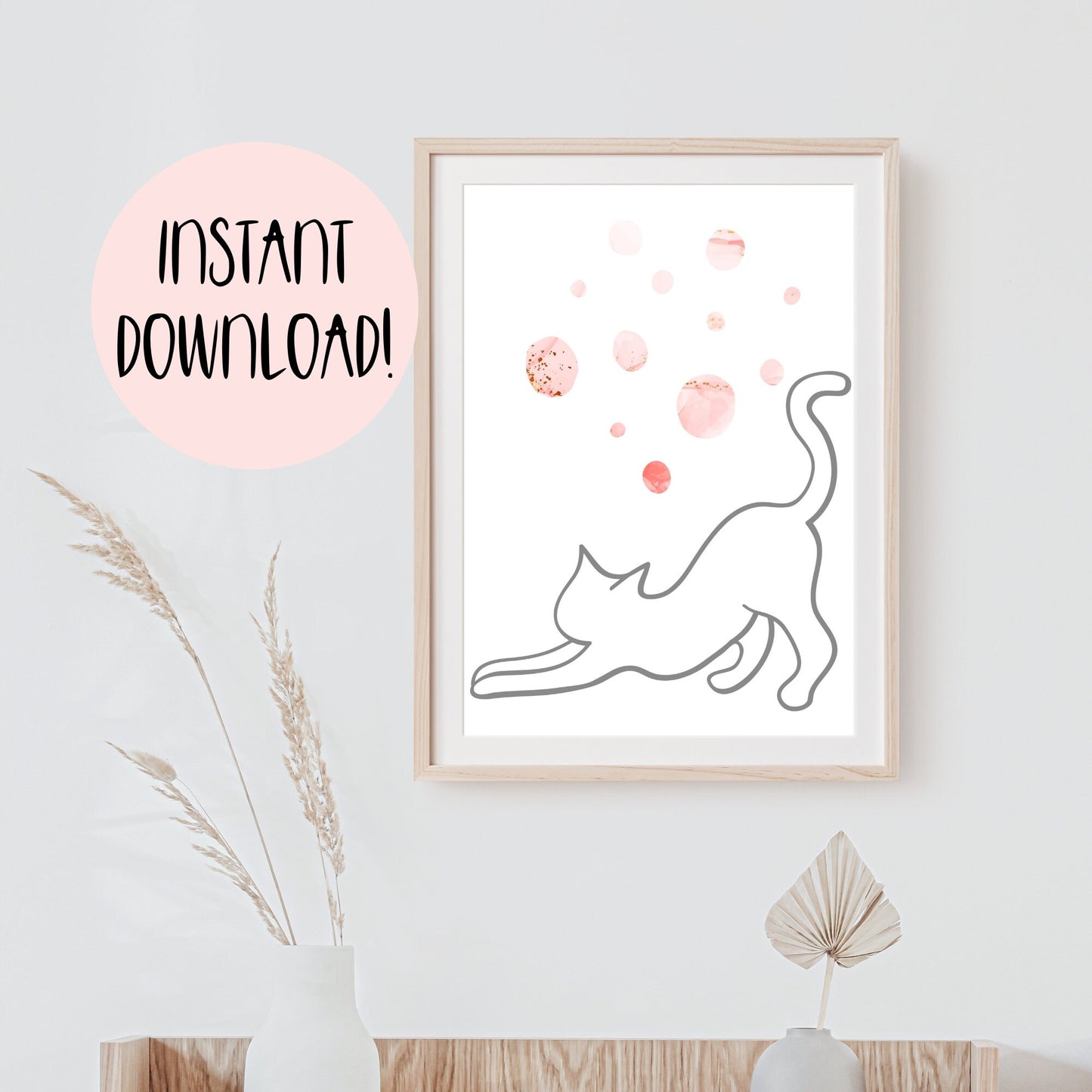Grey Line Art Cat with Pink Bohemian Celestial Bubbles Wall Art Printable Canvas Poster Decor for Living Room Bedroom