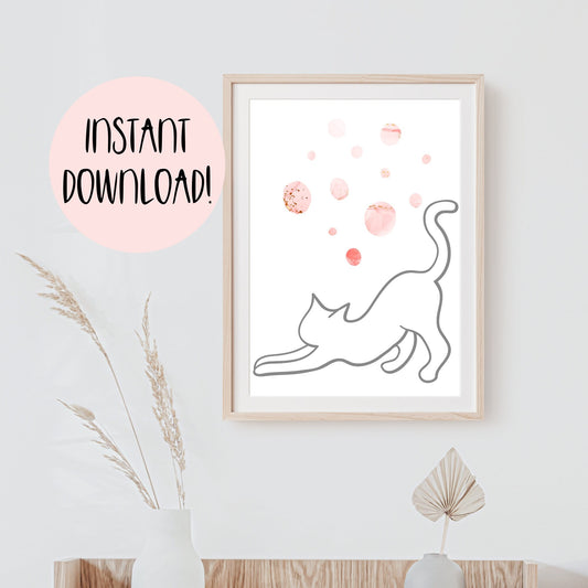 Grey Line Art Cat with Pink Bohemian Celestial Bubbles Wall Art Printable Canvas Poster Decor for Living Room Bedroom