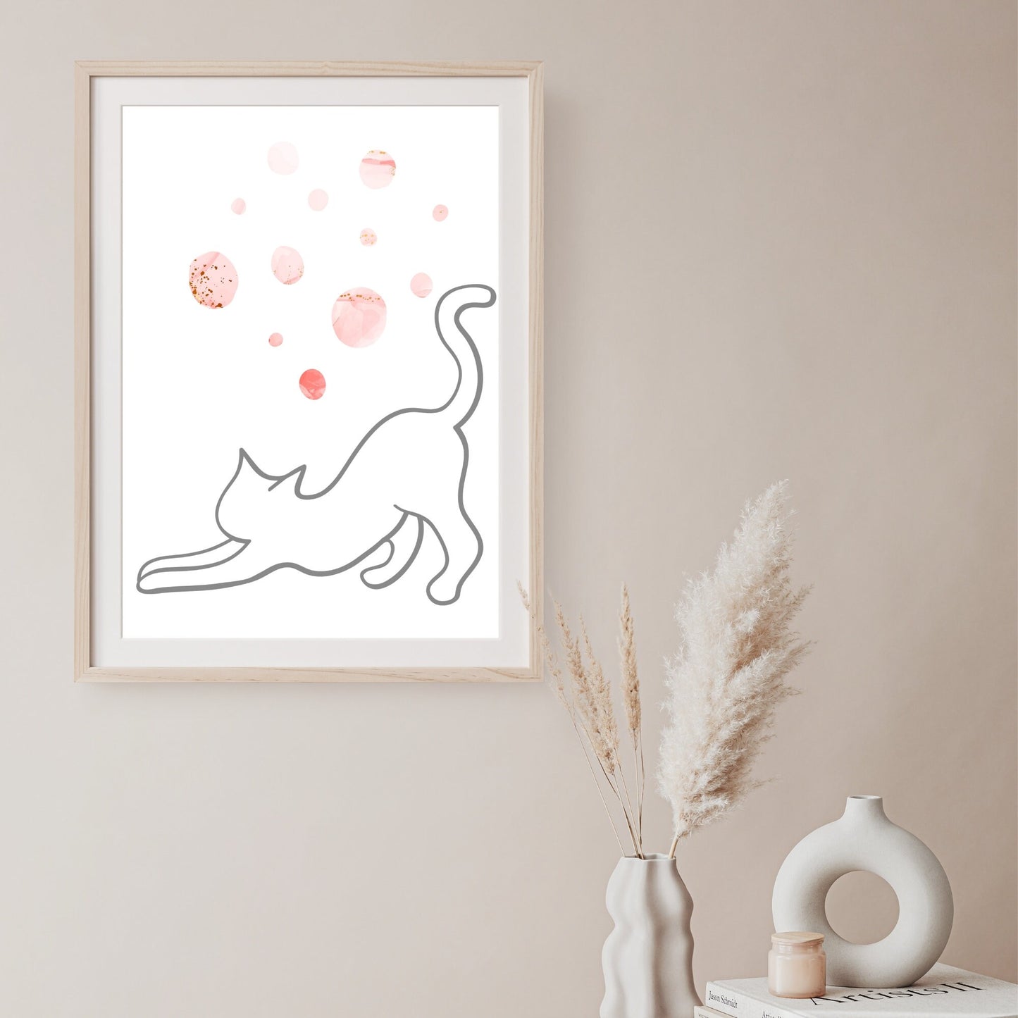 Grey Line Art Cat with Pink Bohemian Celestial Bubbles Wall Art Printable Canvas Poster Decor for Living Room Bedroom