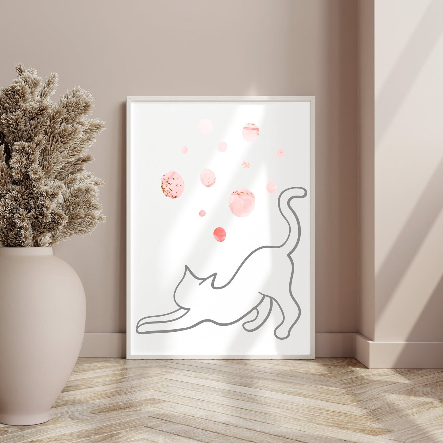 Grey Line Art Cat with Pink Bohemian Celestial Bubbles Wall Art Printable Canvas Poster Decor for Living Room Bedroom