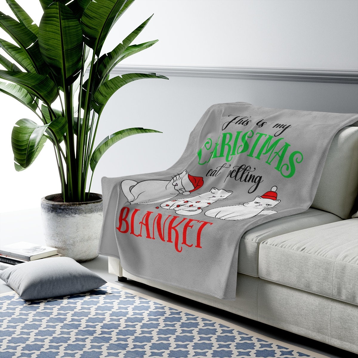 My Christmas Cat Petting Blanket, Cat Blanket Present, Gift for Cat Mom Dad Lover, Velveteen Plush Blanket