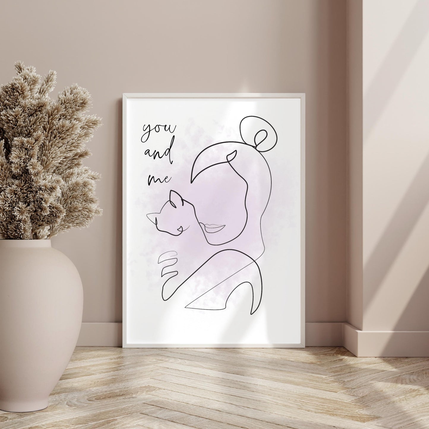 You and Me Cat Line Art Bohemian Blush Splash Art Deco Printable Digital Wall Art Gift for Cat Mom Dad Lover