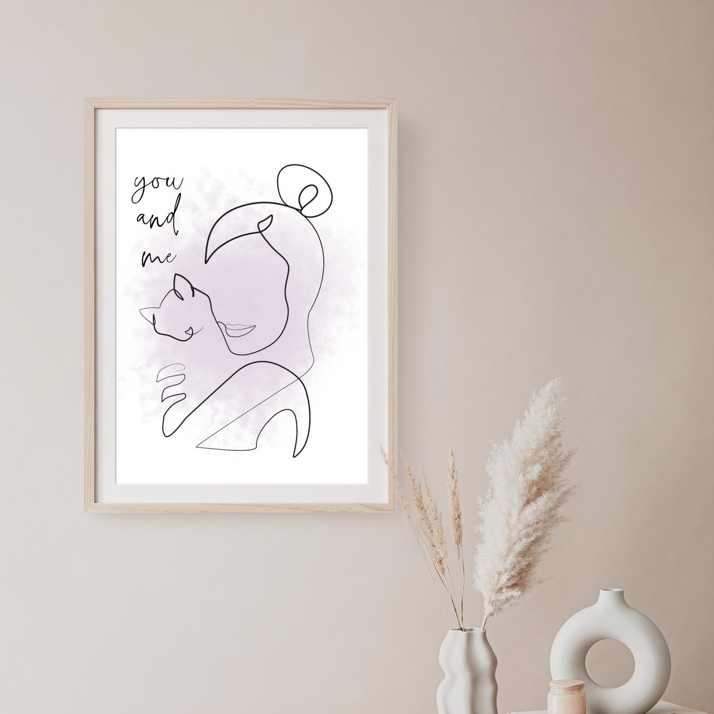You and Me Cat Line Art Bohemian Blush Splash Art Deco Printable Digital Wall Art Gift for Cat Mom Dad Lover