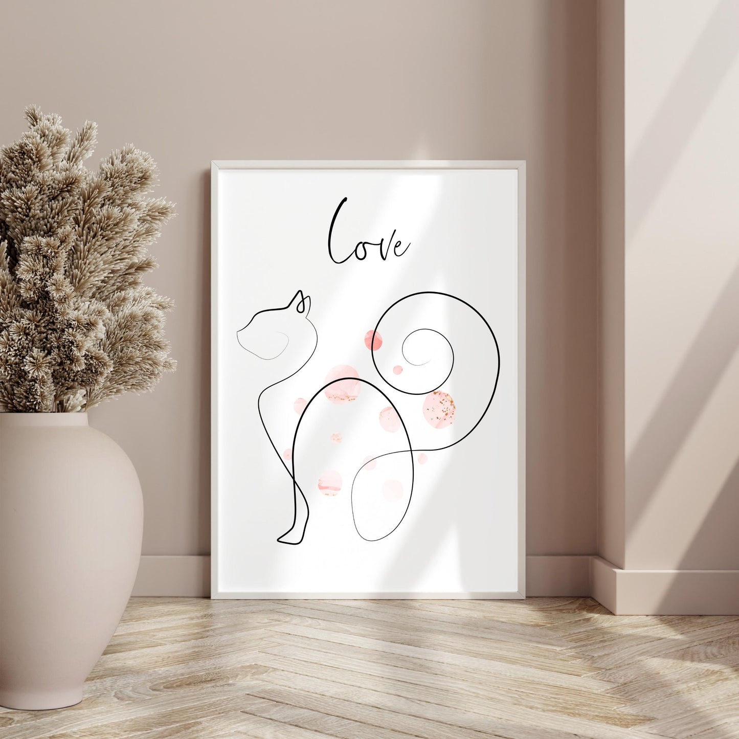 Love Cat Line Art Bohemian Pink Bubbles Art Deco Printable Digital Wall Art Gift for Cat Mom Dad Lover