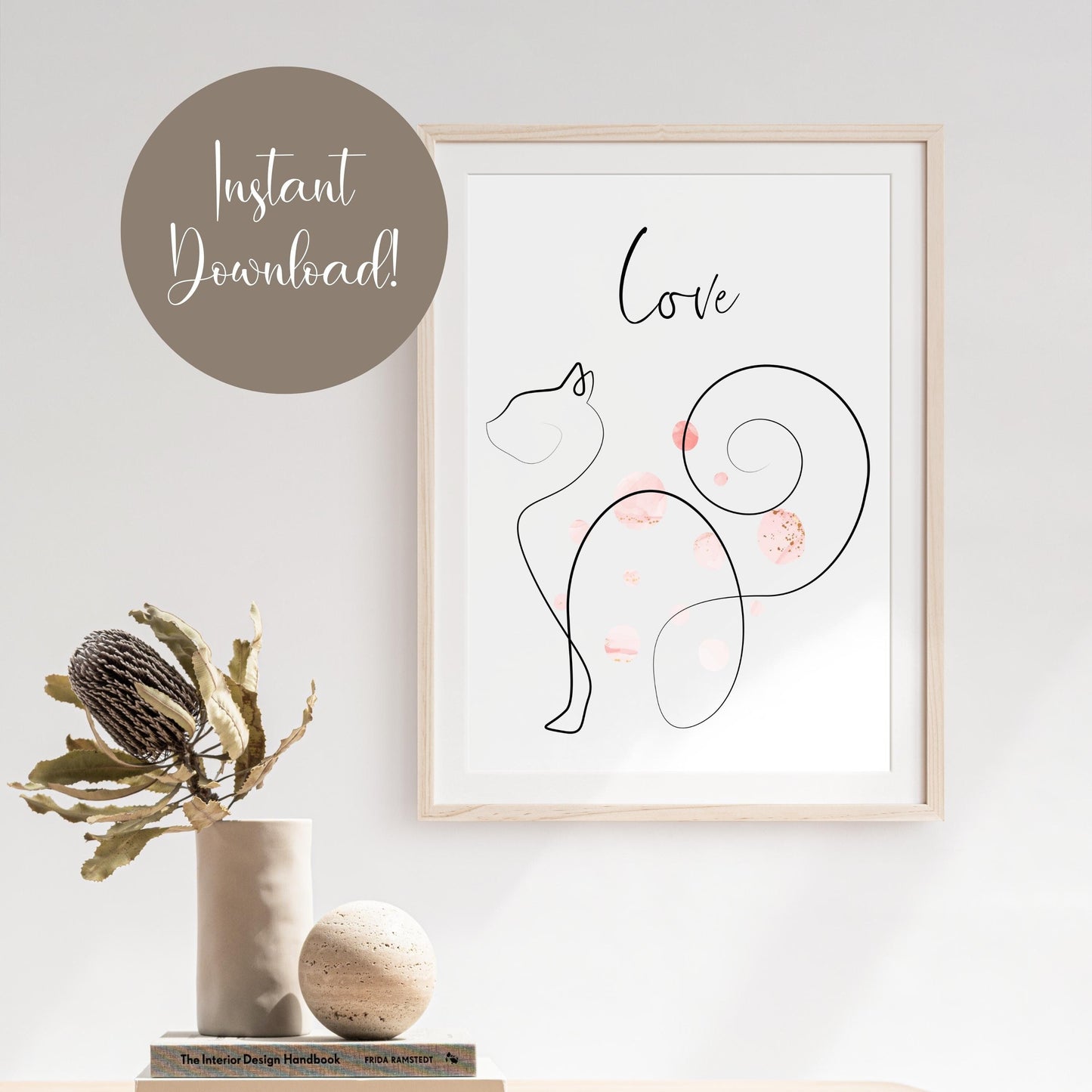 Love Cat Line Art Bohemian Pink Bubbles Art Deco Printable Digital Wall Art Gift for Cat Mom Dad Lover