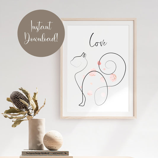 Love Cat Line Art Bohemian Pink Bubbles Art Deco Printable Digital Wall Art Gift for Cat Mom Dad Lover