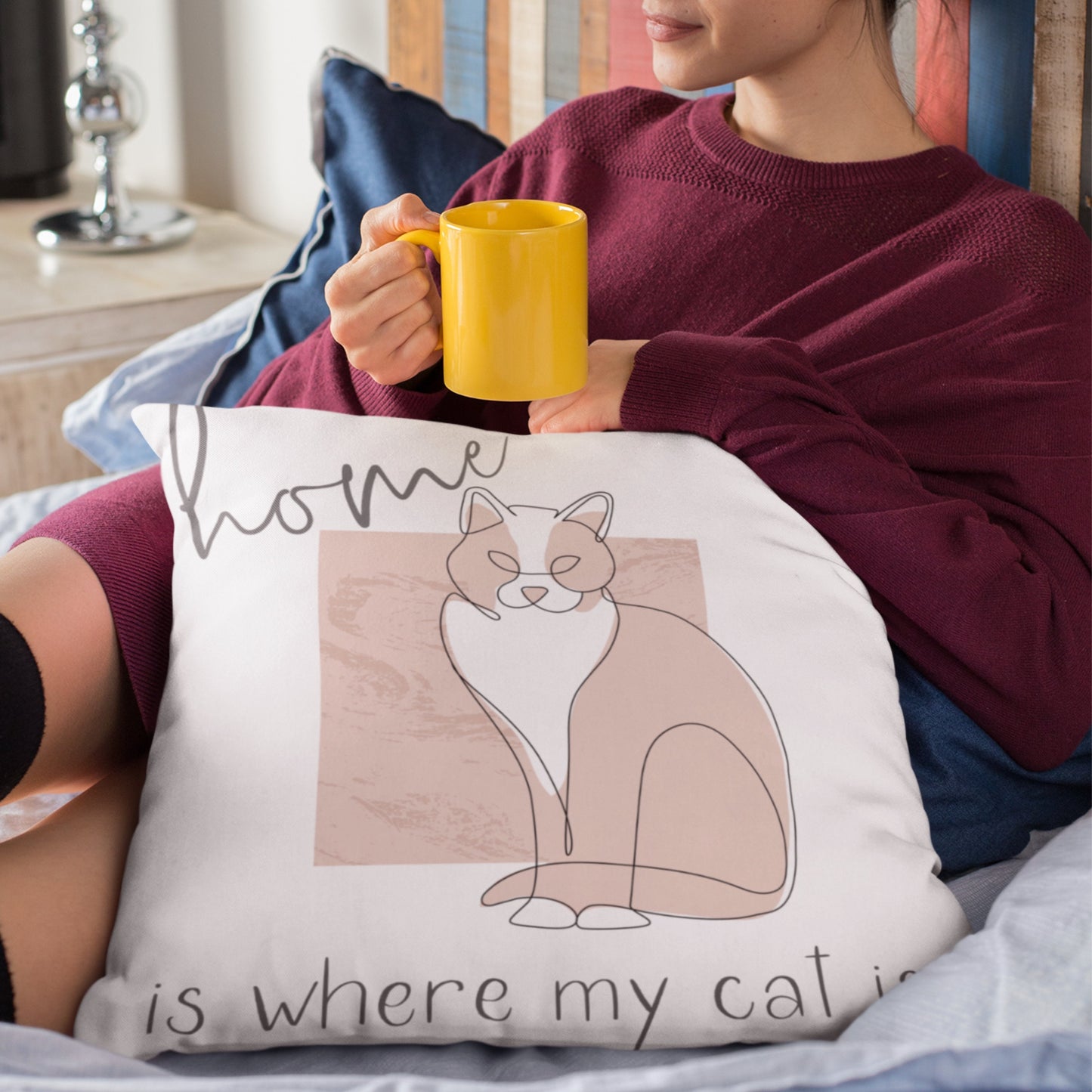 Home is Where My Cat Is, Gift for Cat Lover, Cat Present for Her, Bohemian Decor Square Throw Pillow for Cat Mom Dad