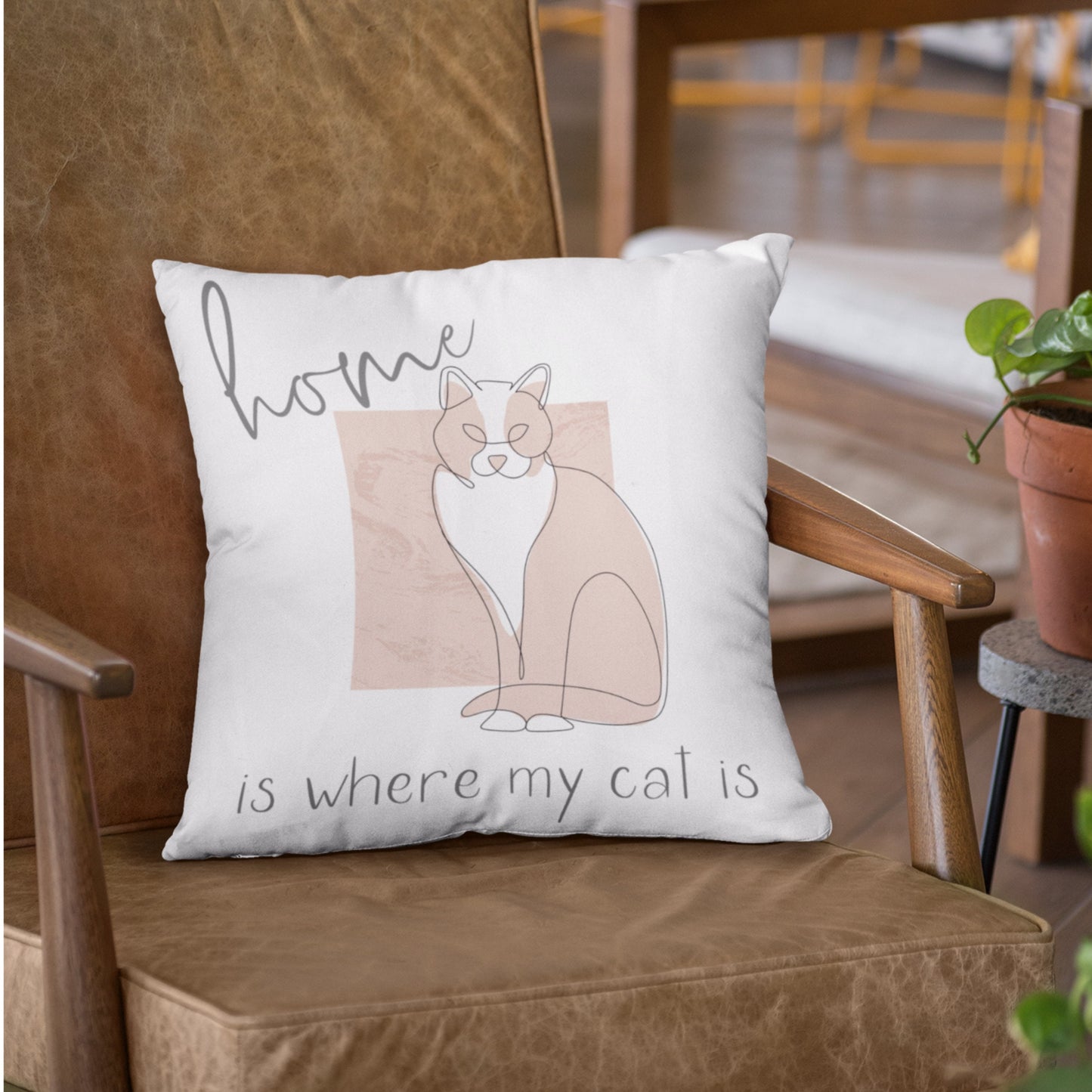 Home is Where My Cat Is, Gift for Cat Lover, Cat Present for Her, Bohemian Decor Square Throw Pillow for Cat Mom Dad