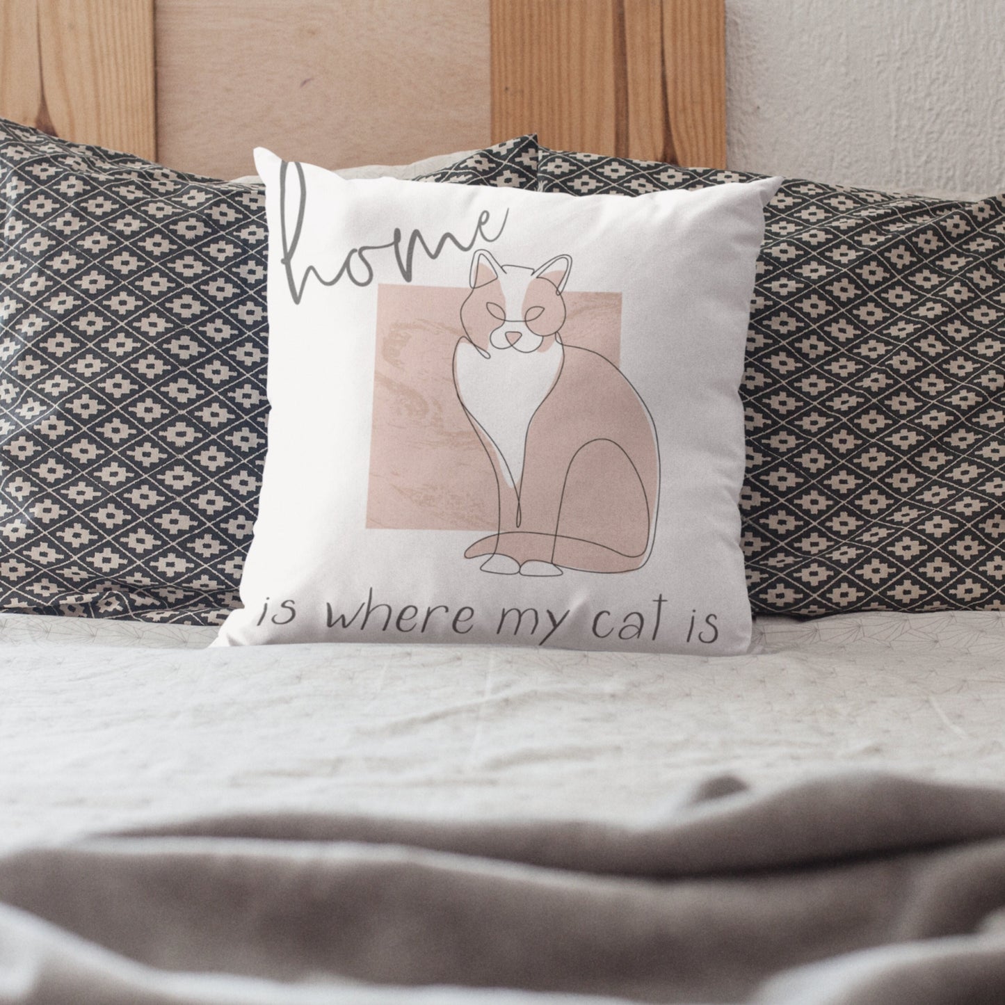 Home is Where My Cat Is, Gift for Cat Lover, Cat Present for Her, Bohemian Decor Square Throw Pillow for Cat Mom Dad